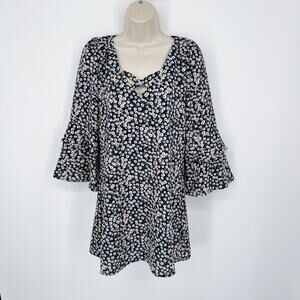 Urban Outfitters Women's Ditsy Daisy Bell Sleeve Dress Sz M Navy, Yellow, White